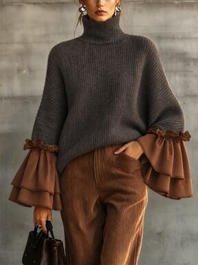 LUMIGAL Women's Chunky Ribbed High Neck Loose Pullover Sweater With Patchwork Double Layer Ruffle Bell Cuffs And Dolman Sleeves #WarmToneLayered