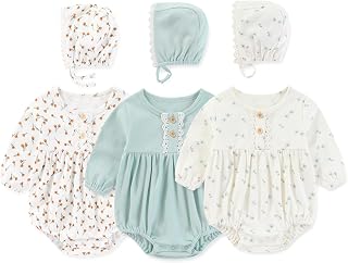 MAMIMAKA Newborn Baby Girl Clothes Cotton Bubble Rompers Infant Outfit Floral Long Sleeve Bodysuit, 3 Pack