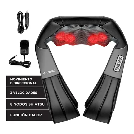 Masajeador Cervical Gadnic Ombu Eléctrico 8 Nodos Tecnología Shiatsu Función De Calor Infrarrojo Rotación Automática Control Integrado Ergonómico Portátil Adaptador Auto 12V Cuello Espalda Negro/Gris