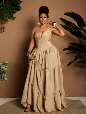 Maweii Plus Size Women Denim Effect A-Line Long Strap Sexy Dress Fall #CinchedWaists