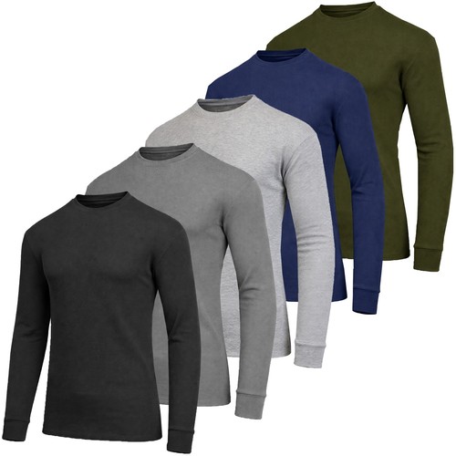 Men's Long Sleeve 3 Button Henley & Crew Neck Waffle Knit Thermal Undershirt Tee