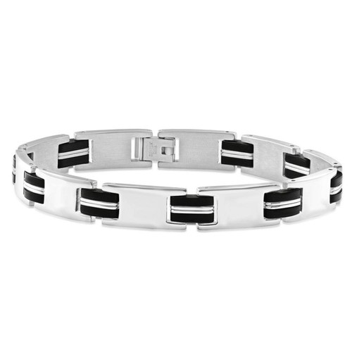 Men's Steel And Black Two Tone, Two striped 10mm Link 8.5 " Bracelet