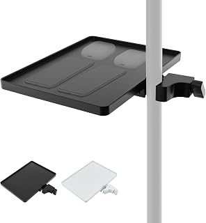 Microphone Stand Tray with Phone Holder, Upgrade Buckle Adjustable Mic Stand Shelf, 8.58" x 6.4" Clamp On Firm Rack Tray for Recording Streaming Broadcast Performance Music Sheet (Black)