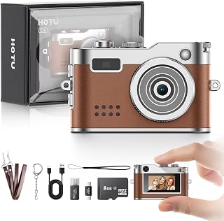 Mini Digital Camera, Keychain Camera 1080P HD with 2MP Lens, Flash, Video Recording, 8G Card Included, Portable and Compact Retro Vlog Camera for Travel, Kids, Brown