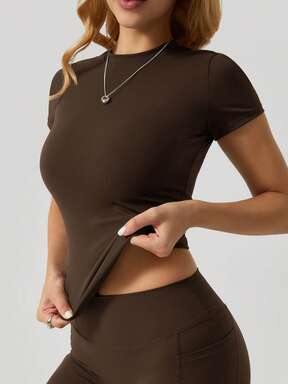 NcmRyu pc Women's Solid Color Elastic Fitted Sports Short Sleeve Top Pink Summer $9.90 Flash Sale