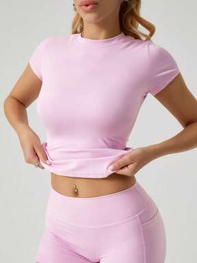 NcmRyu Women's Solid Color Stretchy Slim Fit Workout T-Shirt Yoga Gym Running Sports Top Casual Daily Wear Tee Flash Sale