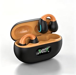 Paekole Open Ear Earbuds 2026 Clip On Earbuds Open Ear Headphones, Premium Bluetooth, Hi‑Res Audio, Long‑Lasting 80H Playtime, Clip‑On Earbuds for Daily & Sports Workout, Black‑Orange
