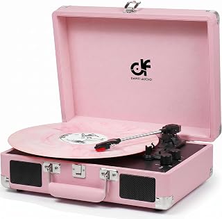 Pink Suitcase Record Player with Built-in Speakers, 3-Speed Vintage Vinyl Turntable with Bluetooth Input, Bass & Treble Tone Control, Auto Stop, Portable Music Gift for Women, Pink