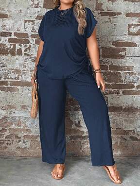 Plus Size Solid Color Batwing Sleeve Top And Straight Leg Pants Flash Sale