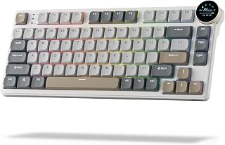 RK ROYAL KLUDGE N80 Low Profile Mechanical Keyboard w/Smart Display Screen | 75% Top Mount 3-Modes Wireless Mechanical Keyboard with Knob, Software Support, Massive Battery, Custom Switch, Retro Grey