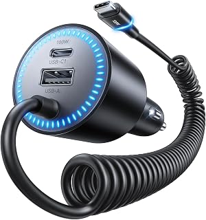 Rocoren 200W USB‑C Fast Car Charger, 5.2Ft Coiled Cable for Laptops & Phone | Super Fast Charging Travel Essentials for iPhone 17/16/15 Pro Max, MacBook Pro Air, Samsung S26/S25, iPad Pro