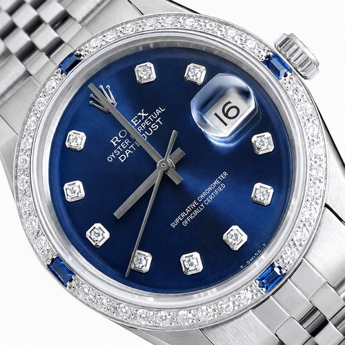 Rolex Datejust 1603 36mm Blue Dial 18K White Gold Diamond Sapphire Watch