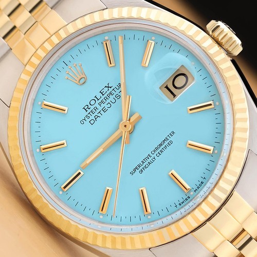 ROLEX MENS DATEJUST 16013 AQUA BLUE DIAL 18K YELLOW GOLD STAINLESS STEEL WATCH