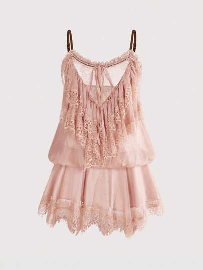 ROMWE Avant Sexy Palace Romantic Vacation Sheer Mesh Lace Cami Short Dress For Women