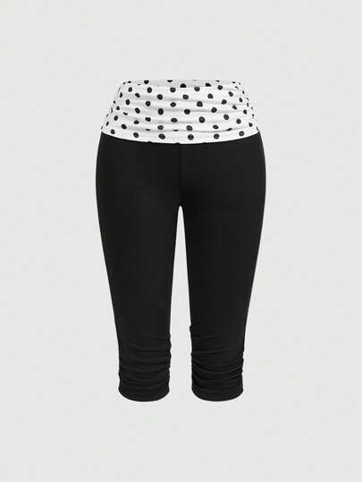 ROMWE Avant YK Style Sicily Vacation Vintage Polka Dot Patchwork Ruched Skinny Women 3/4 Pants $10.70