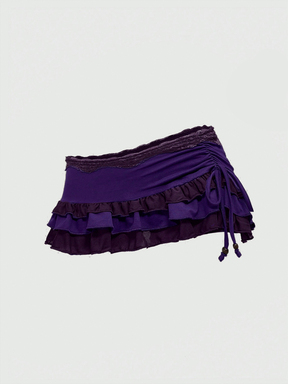 ROMWE Grunge Punk Women Spring Summer Low-Waist Lace Trim Layered Ruffle Tie-Up Asymmetric Ruched Purple Mini Skirt 16% OFF