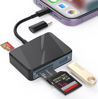 SD Card Reader for iPhone, Memory Card Reader with USB-C to Lightning Adapter Plug and Play Trail Game Camera Micro SD Card Viewer Support SD/TF/MS Card and USB Port for iPad Mac No App(Black)
