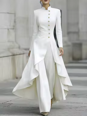 SHEIN Elegant White Two Pieces Formal Set High Neck Gold Buttons Irregular Flowy Hem Long Jacket Wide Leg P #MetalAccentSilent