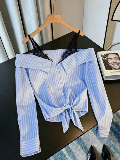 SHEIN EZwear Fashionable Retro Blue Striped Contrast Color Sexy Black Lace Unique Design Early Spring Long Sleeve Versatile Commute Style Exquisite Girl Hot Girl Style Women's Blouse