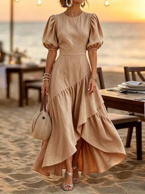 SHEIN Holidaya Women's New Lantern Sleeve Casual Tropical European Slouchy Elegant Fashion Versatile Asymmetric Hem Layered Ruched Dress Summer Solid Color Slimming #ModSummer