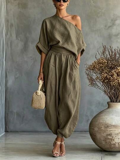 SHEIN Women's Elegant Asymmetrical Shoulder Minimalist Top And Loose Pocket Tapered Pants Pieces Set, Casual Country Style $3.39