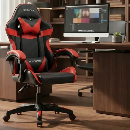 Silla Gamer Novohome Ergonómica Giratoria Reclinable Tapizado Cuero Sintético Asiento Alta Densidad Pc Oficina Escritorio Color Rojo