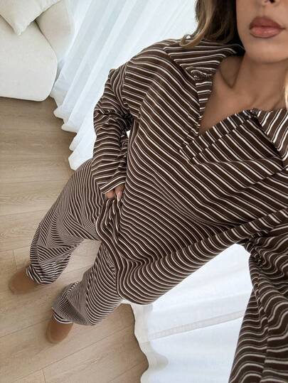 Siren Gaze Women's -Piece Set Loose Brown Striped V-Neck Drop Shoulder Long Sleeve T-Shirt And Elastic Waist Pants, Winter Sweater Set, Autumn, Casual, Travel $7.89