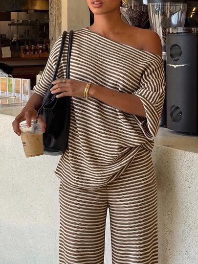 Siren Gaze Women's White And Brown Asymmetric Collar Casual Striped Top And Pants Pieces Set $5.91