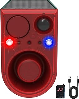 Solar Outdoor Motion Sensor Alarm-Dog Barking&Gunshot Sound, 130db Motion Detector Alarm Light,with Remote Controller,13 Kinds of Sound Red&Blue Strobe Light with USB (± Volume /130dB 1PCS)
