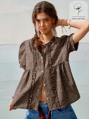 SoleilVie Women's Round Neck Gathered Frill Trim Puff Sleeve Vintage Plaid Casual Shirt #PlaidPatterns