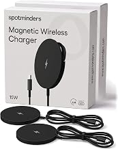 SPOTMINDERS Wireless Charger for iPhone, AirPods, Tracking Card 2-Pack 15W Flat Fast Charging Pad Qi Compatible with Samsung, Android, Apple - MagSafe, Non-Slip Surface, Advanced Cooling No AC Adapter