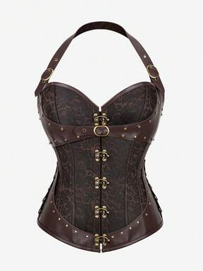 Steampunk Strapless Corset Bustier Top For Women Gothic Jacquard Steel Boned Waist Trainer With Buckles Halloween Cosplay Costume Vintage Brown #RenaissanceRevival