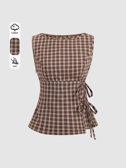 Sweetra Vintage Plaid Round Neck Design College Style Sexy Sleeveless Shirt Summer New Tie-Up Slim Fit Flattering Exquisite Girly Sweet Style Women's Blouse