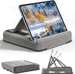 Tablet Pillow Stand, Multi-Angle Foldable iPad Holder for Bed, Sofa, Desk, Lap, Soft Pad Dock with Storage Pocket & Stylus Mount, for 4.7-13" Devices iPad,iPhone,E-Reader,Books (Grey)