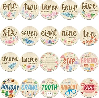 Threetols 10PCS Wooden Baby Monthly Milestone Cards Sign, Double Sided Newborn Photography Prop Pregnancy Journey Baby Growth Monthly Milestone Wood Discs Baby Shower Gifts