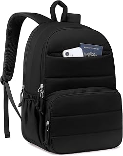 Travel Laptop Backpack for Women Bookbag: Quilted 15.6 Inch College Back Pack Lightweight Casual Bag Water Resistant Daypack for Students Girls Business Computer Back Pack for Work Black