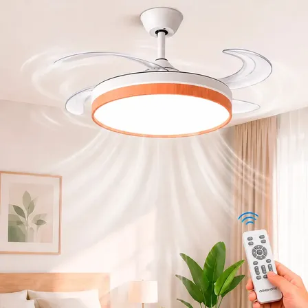 Ventilador De Techo Retracil Novohome Luz Led Y 4 Aspas Retractiles Silencioso Con Control Remoto Color Negro Y Madera Estilo Bamboo