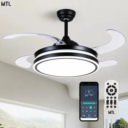 Ventilador De Techo Retráctil Mtl Negro Con Luz Led 3 Tonos Control Remoto Y App Wifi 6 Velocidades Aspas Reversibles Silencioso Smart Diseño Moderno Para Dormitorio Living Comedor