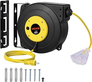 VEVOR Retractable Extension Cord Reel, 50 FT, Heavy Duty 14AWG/3C SJTOW Extension Power Cord with Lighted Triple Tap Outlet, 13A Circuit Breaker 180° Swivel Bracket for Ceiling or Wall Mount, Yellow