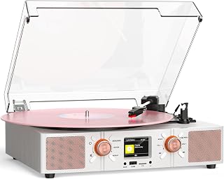 Vinyl Record Player 3-Speed Turntable with Color Display, White Rose Gold
