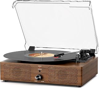 Vinyl Record Player Turntable with Built-in 4 Speakers, AT-3600L Cartridge, Aluminum Platter, Bluetooth Output, USB to PC Recording, Phono Preamp, Belt-Drive 2-Speed, Pitch Control, Black