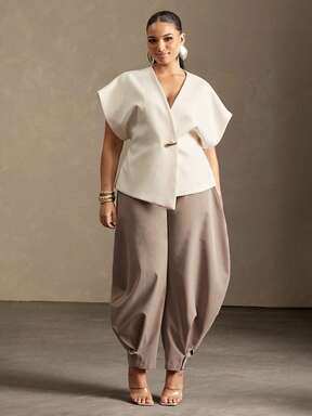 Vixey Solid Textured Woven Asymmetrical Hem Single Button Waistcoat Top #LazyLuxeShirt