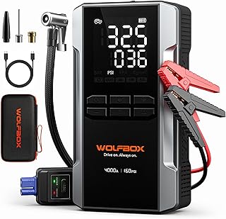 WOLFBOX MV24A 4000A Jump Starter with 160PSI Air Compressor, 12V Car Battery Booster, 88.8Wh Portable Jump Box (10L Gas/10L Diesel) with 65W Fast Charging, Tire Inflator, Jumper Cables, LED Light