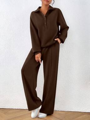 Women Fall Piece Outfits Sweatsuits Quarter Button Long Sleeve Sweatshirt Wide Leg Pants Tracksuit Lounge Sets Fall Clothes For Women $3.90 48% OFF