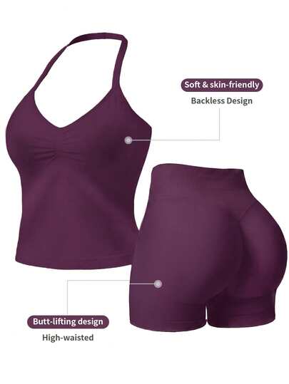 Women pcs Solid Color Ruched Halter Neck Cropped Tank Top + High Waist Butt Lifting Shorts Fitness Yoga Set $14.19