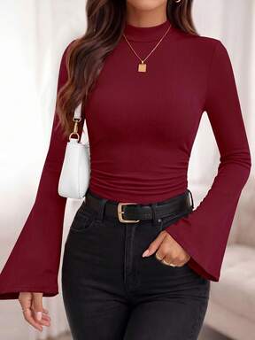 Womens Fall Long Sleeve Shirts Bell Sleeve Mock Turtleneck Ribbed Going Out Tops Casual Ruched YK Clothes Fall Clothes For Women $10.78 38% OFF