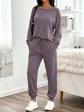 Women's Fall Two-Piece Pullover Long-Sleeved Crew Neck Pullover Top And Trousers Tracksuit Fall Clothes For Women 43% OFF