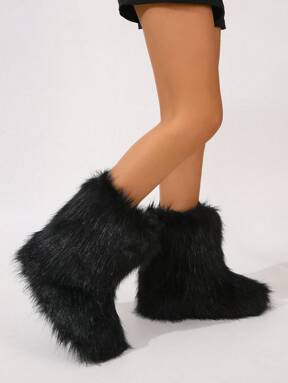 Women's Faux Fur Boot Furry Fluffy Round Toe Suede Winter Comfy Plush Warm Short Outdoor Indoor Flat Shoes Mid-Calf Boots Fashion Boots Flash Sale