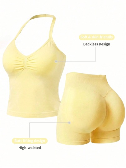 Women's pcs Solid Color Ruched Halter Neck Cropped Tank Top + High Waist Butt Lifting Shorts Fitness Yoga Set Sports Summer $13.07 Flash Sale