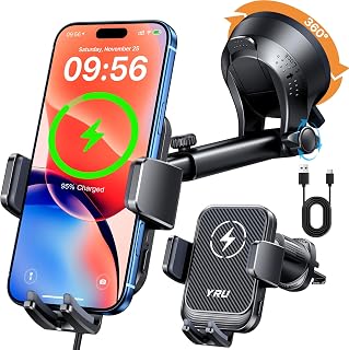 YRU 【Auto-Clamping & 90+LBS Strong Suction 15W Wireless Car Charger Mount | 【Military-Grade & Safety Certs】 Fast Charging Car Phone Holder, Windshield Dashboard Vent Cradle for iPhone 17 16 Pro, Black